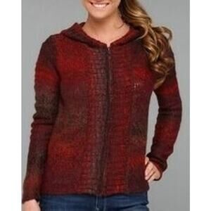 Prana Hooded Wool Blend Knit Full Zip Sweater Jacket Red/Black Sz Small